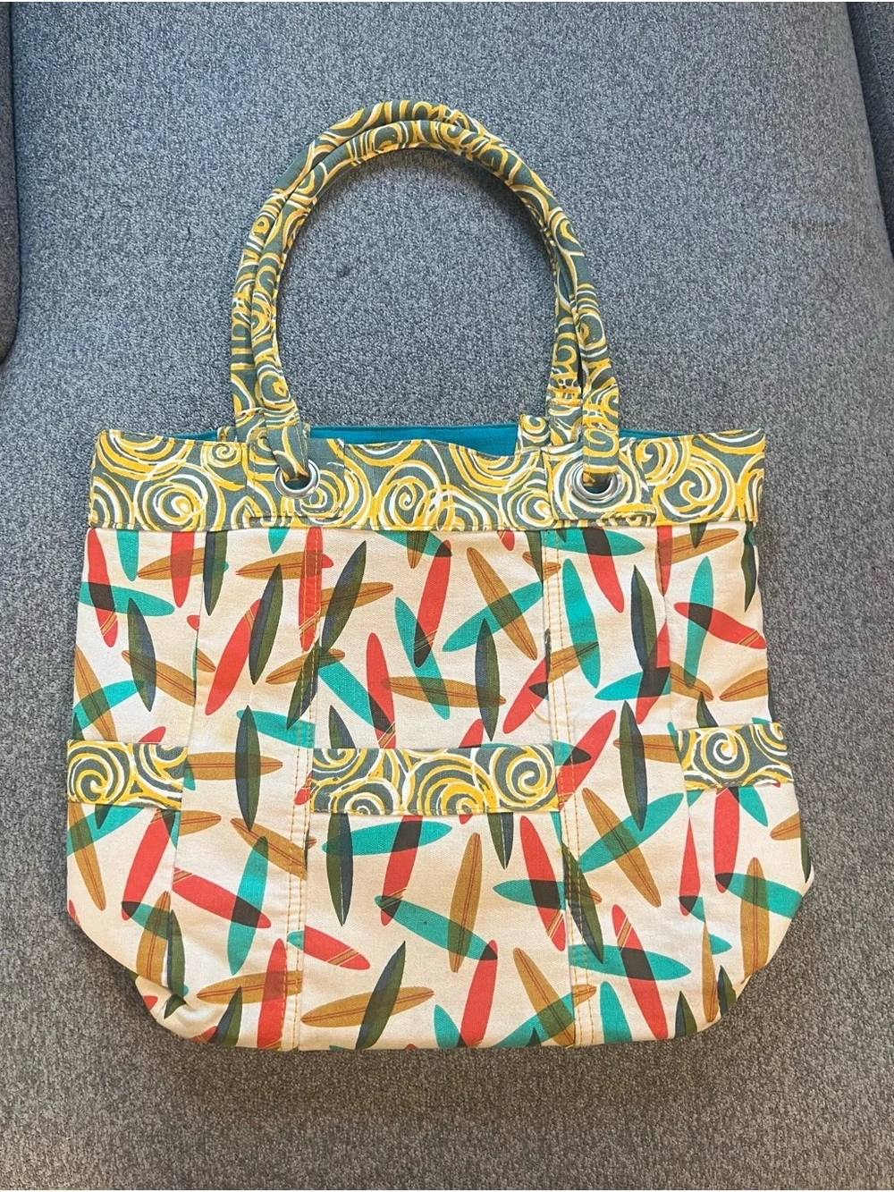 Canvas Heidi dobroll Tote Bag in Cream with Teal, Red & Mustard Accents